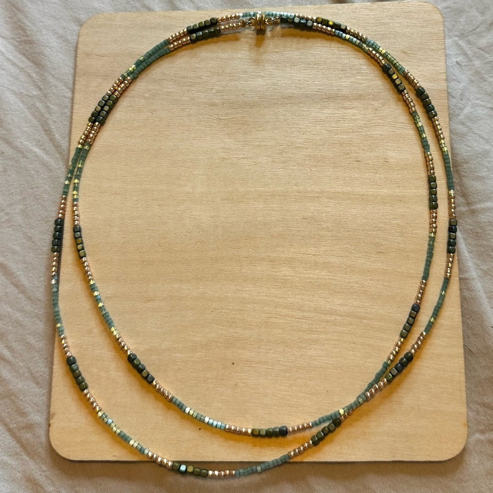 Double Strand Gold Tone Green Beaded Necklace - Picture 2 of 3